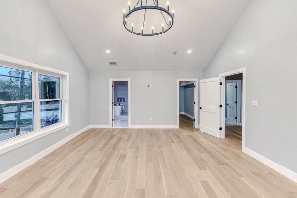 Empty room, Interior, Pendant Lights, Recessed Lighting, Wood Texture Flooring