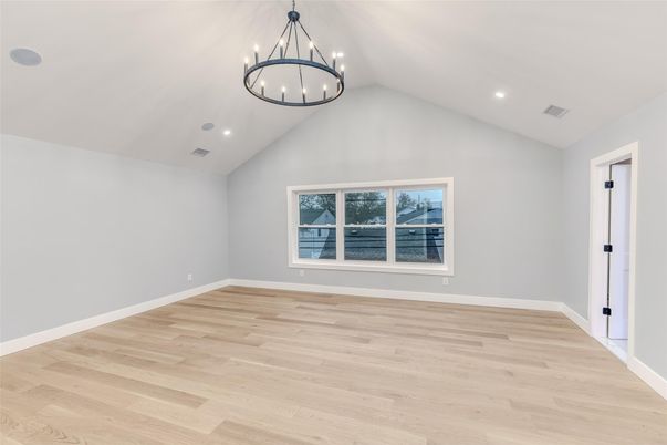 Chandelier, Empty room, Interior, Recessed Lighting, Wood Texture Flooring