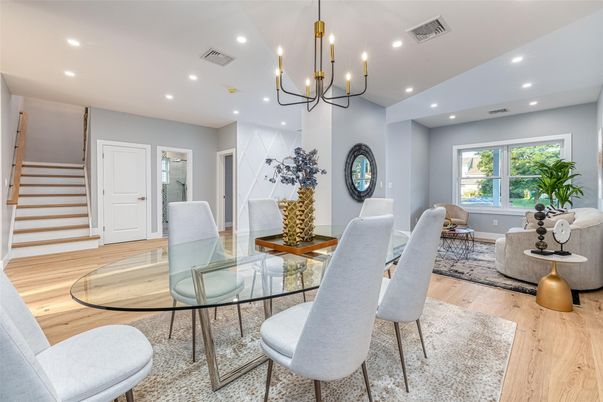 Chandelier, Dining room, Interior, Living room, Recessed Lighting, Wood Texture Flooring