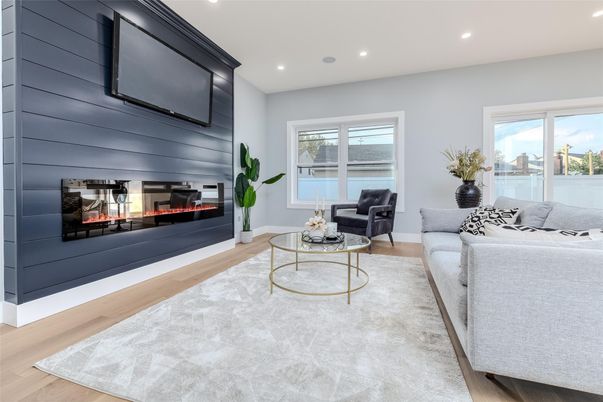Fireplace, Interior, Living room, Recessed Lighting, Wood Texture Flooring