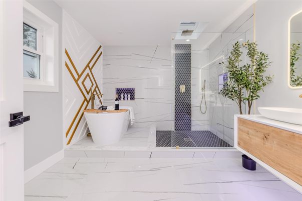 Bathroom, Free Standing Baths, Glass Shower, Interior, Marble, Marble Walls