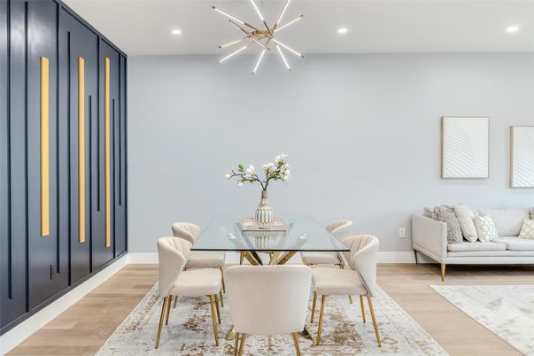 Dining room, Interior, Pendant Lights, Recessed Lighting, Wood Texture Flooring