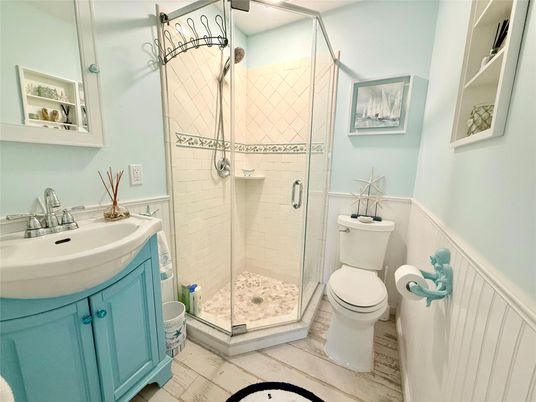 Bathroom, Glass Shower, Interior, Wood Texture Flooring