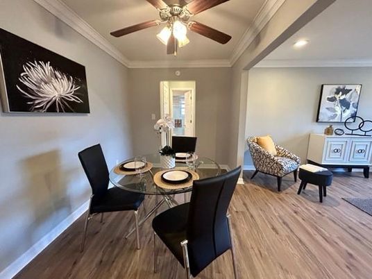 Dining room, Interior, Recessed Lighting, Wood Texture Flooring
