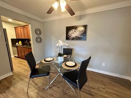 Dining room, Interior, Recessed Lighting, Wood Texture Flooring