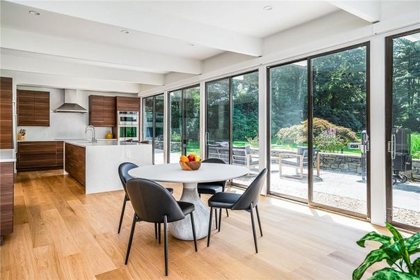 Dining room, Interior, Kitchen, Recessed Lighting, Stainless Steel Appliances, Wood Texture Flooring