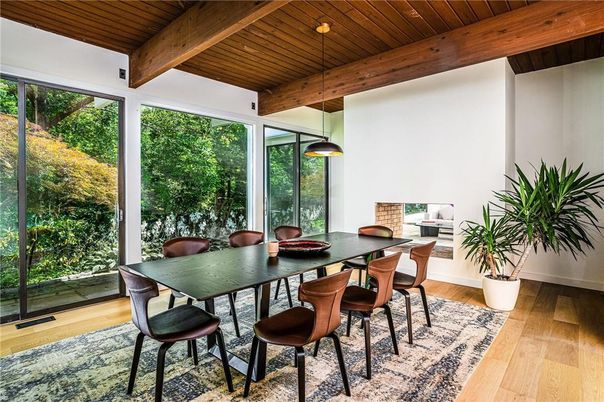 Dining room, Interior, Pendant Lights, Wooden Beams, Wooden Ceilings, Wood Texture Flooring