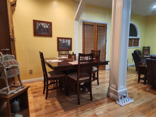 Dining room, Interior, Recessed Lighting, Wood Texture Flooring