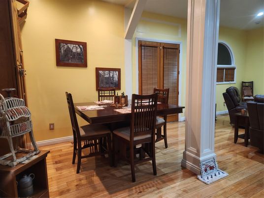 Dining room, Interior, Recessed Lighting, Wood Texture Flooring