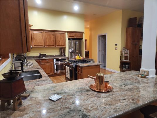 Interior, Kitchen, Recessed Lighting, Stainless Steel Appliances, Wood Texture Flooring