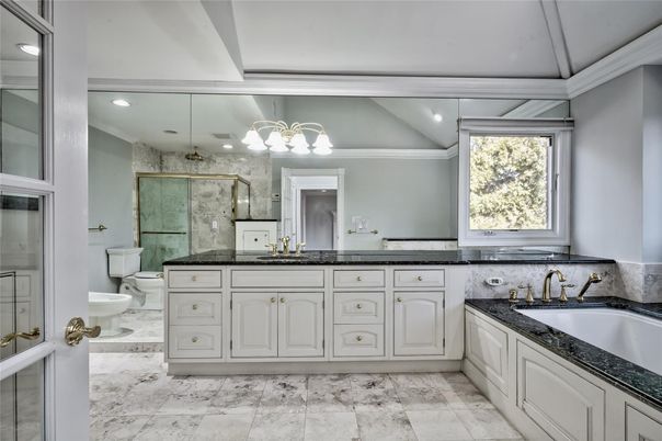 Bathroom, Dual Sink Vanities, Glass Shower, Interior, Marble, Recessed Lighting