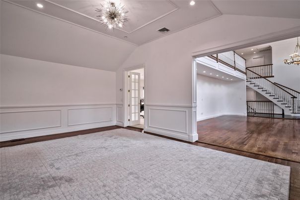 Chandelier, Empty room, Interior, Recessed Lighting, Wood Texture Flooring