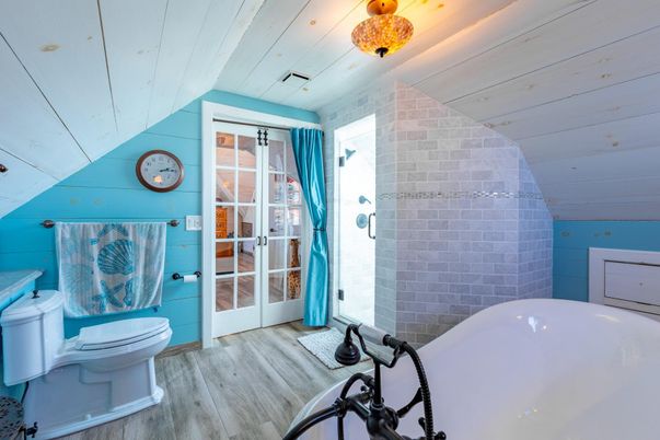 Bathroom, Free Standing Baths, Interior, Stone Walls, Wood Texture Flooring