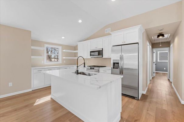 Interior, Kitchen, Recessed Lighting, Stainless Steel Appliances, Wood Texture Flooring