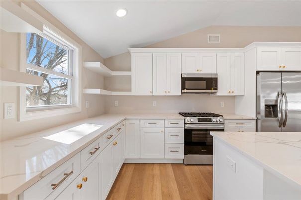 Interior, Kitchen, Recessed Lighting, Stainless Steel Appliances, Wood Texture Flooring