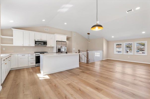 Interior, Kitchen, Pendant Lights, Recessed Lighting, Stainless Steel Appliances, Wood Texture Flooring