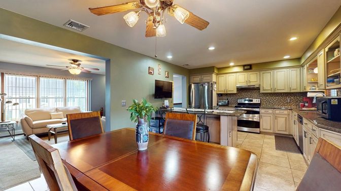 Dining room, Interior, Kitchen, Living room, Recessed Lighting, Stainless Steel Appliances