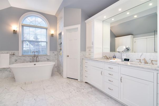 Bathroom, Dual Sink Vanities, Free Standing Baths, Interior, Marble, Marble Walls, Recessed Lighting