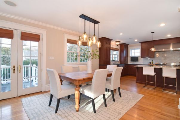 Dining room, Interior, Kitchen, Pendant Lights, Recessed Lighting, Wood Texture Flooring