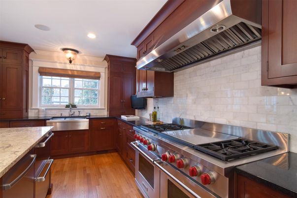 Interior, Kitchen, Recessed Lighting, Stainless Steel Appliances, Stone Walls, Wood Texture Flooring