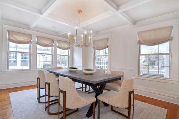 Dining room, Interior, Pendant Lights, Wood Texture Flooring