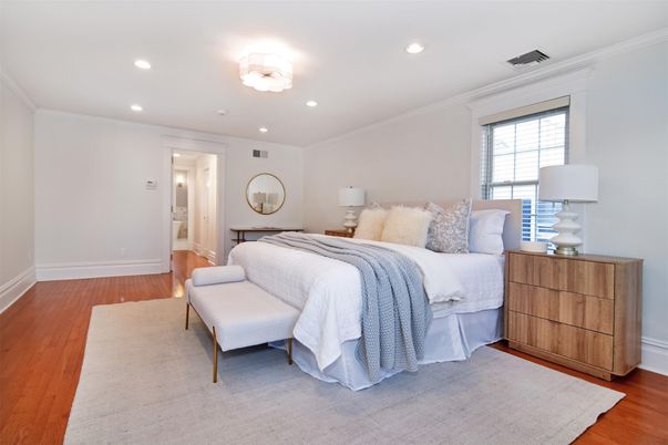 Bedroom, Interior, Recessed Lighting, Wood Texture Flooring