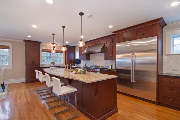 Dining room, Interior, Kitchen, Pendant Lights, Recessed Lighting, Stainless Steel Appliances, Wood Texture Flooring