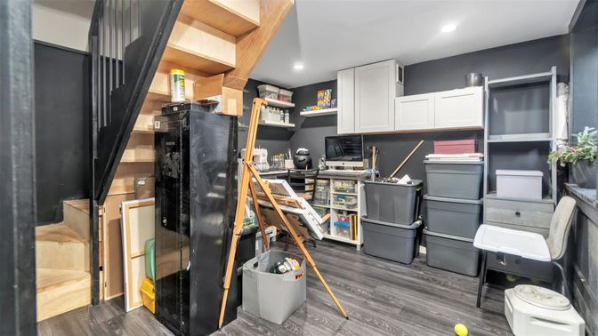 Interior, Kitchen, Recessed Lighting, Washer, Wood Texture Flooring