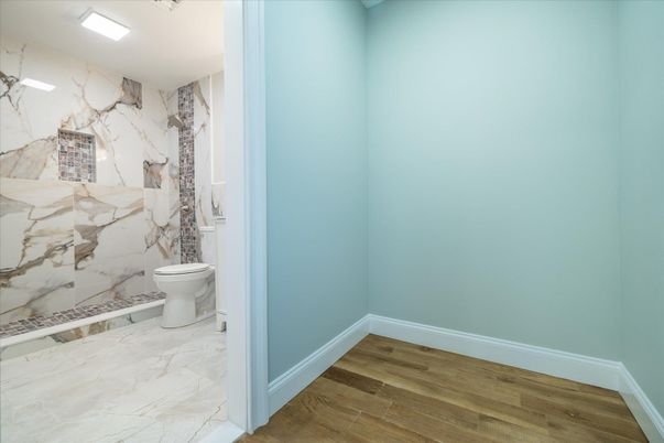 Bathroom, Interior, Marble, Marble Walls, Recessed Lighting, Wood Texture Flooring