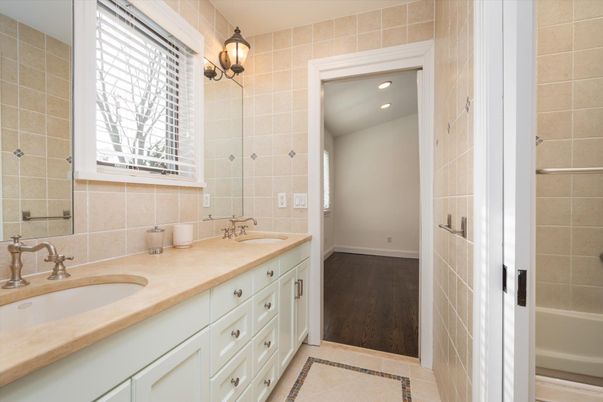 Bathroom, Dual Sink Vanities, Interior, Recessed Lighting, Wood Texture Flooring