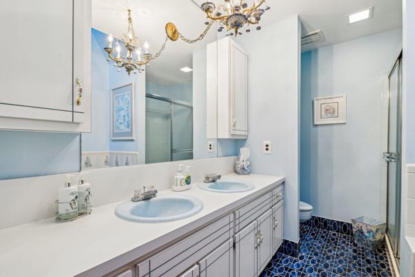 Bathroom, Chandelier, Dual Sink Vanities, Interior, Recessed Lighting