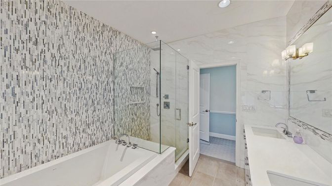 Bathroom, Glass Shower, Interior, Marble Walls, Recessed Lighting