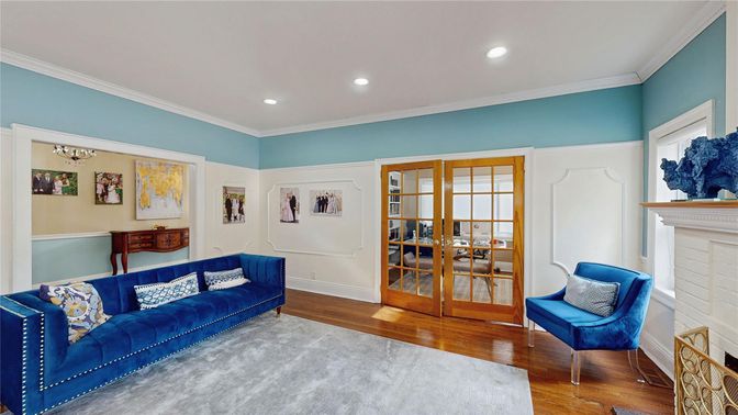 Fireplace, Interior, Living room, Recessed Lighting, Wood Texture Flooring