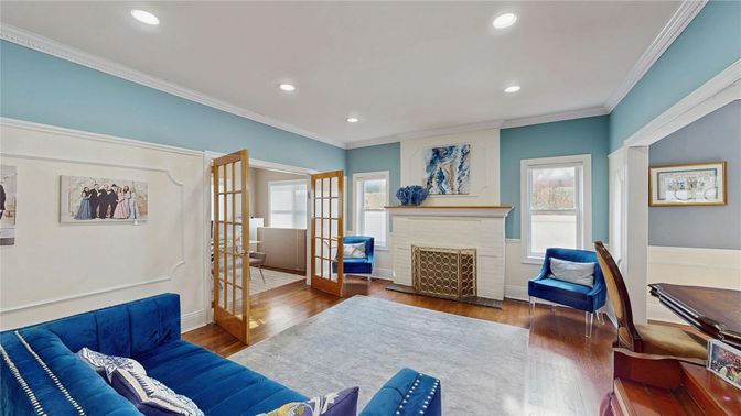 Fireplace, Interior, Living room, Recessed Lighting, Wood Texture Flooring