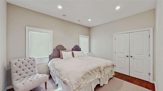 Bedroom, Interior, Recessed Lighting, Wood Texture Flooring