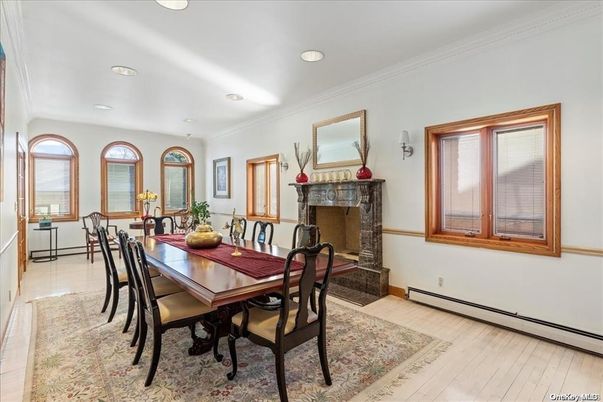Dining room, Fireplace, Interior, Recessed Lighting, Wood Texture Flooring