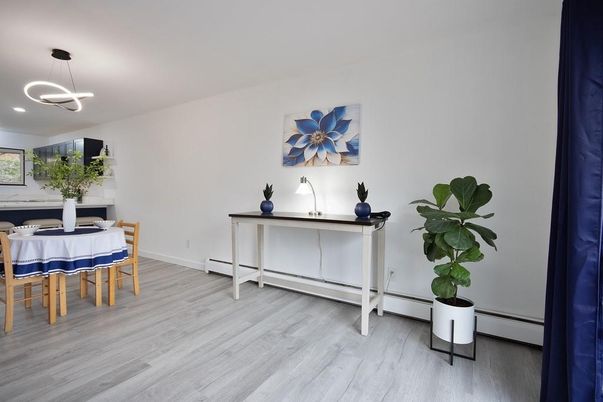 Dining room, Interior, Pendant Lights, Wood Texture Flooring