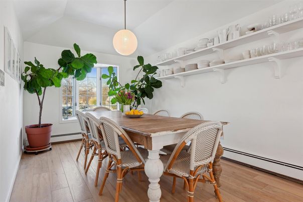 Dining room, Interior, Pendant Lights, Wood Texture Flooring