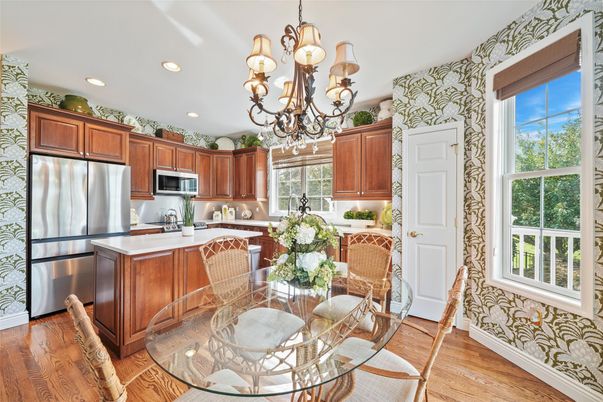 Chandelier, Dining room, Interior, Kitchen, Recessed Lighting, Stainless Steel Appliances, Wood Texture Flooring