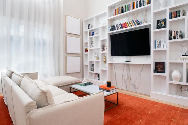 Interior, Living room, Marble Walls, Wood Texture Flooring