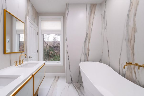 Bathroom, Dual Sink Vanities, Free Standing Baths, Interior, Marble, Marble Walls