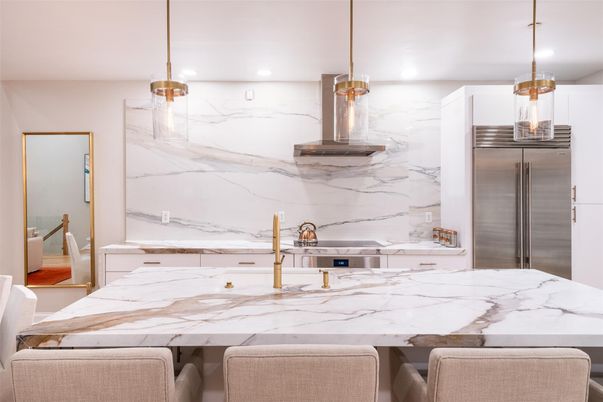 Interior, Kitchen, Marble Walls, Pendant Lights, Recessed Lighting, Stainless Steel Appliances