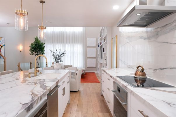 Interior, Kitchen, Marble Walls, Pendant Lights, Recessed Lighting, Wood Texture Flooring
