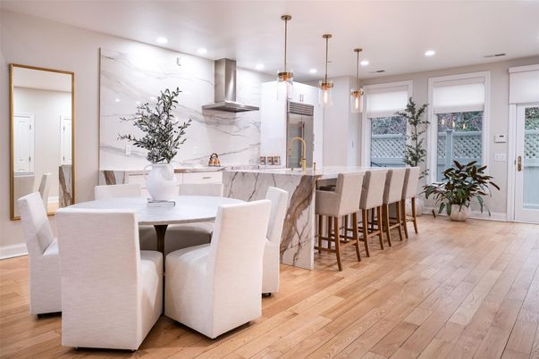 Dining room, Interior, Kitchen, Marble Walls, Pendant Lights, Recessed Lighting, Wood Texture Flooring