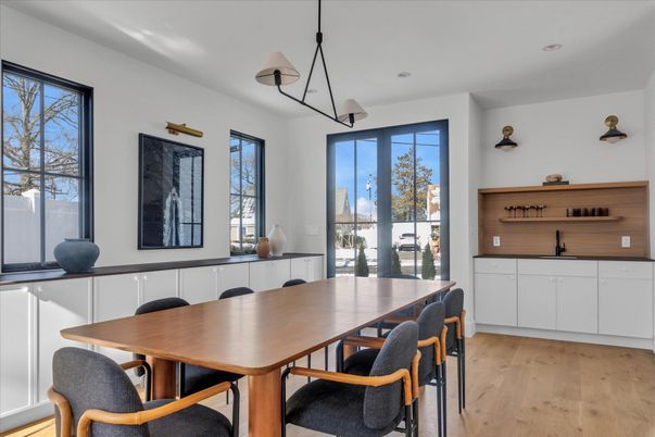 Dining room, Interior, Pendant Lights, Recessed Lighting, Wood Texture Flooring
