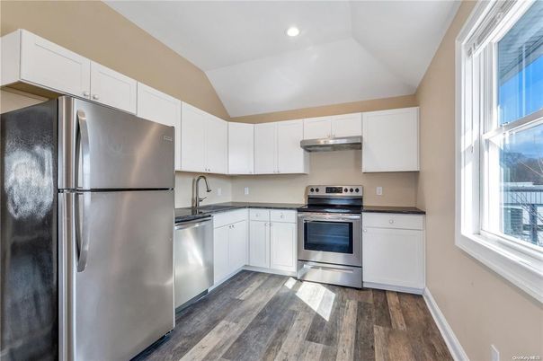 Interior, Kitchen, Recessed Lighting, Stainless Steel Appliances, Wood Texture Flooring