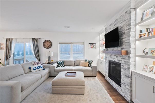 Fireplace, Interior, Living room, Stone Walls, Water, Wood Texture Flooring