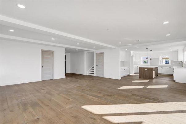 Empty room, Interior, Kitchen, Pendant Lights, Recessed Lighting, Wood Texture Flooring