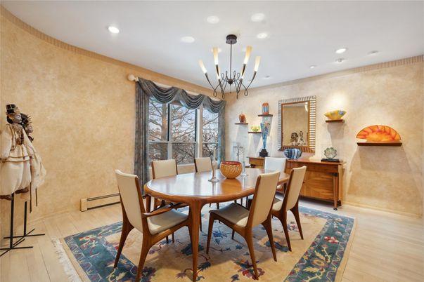 Chandelier, Dining room, Interior, Pendant Lights, Recessed Lighting, Wood Texture Flooring