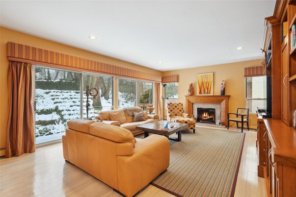 Fireplace, Interior, Living room, Recessed Lighting, Wood Texture Flooring